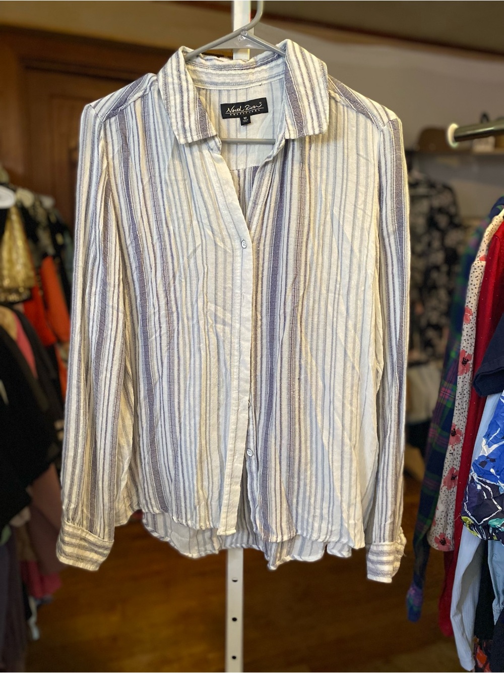 North River Off- White & Blue Striped Button-Front Shirt